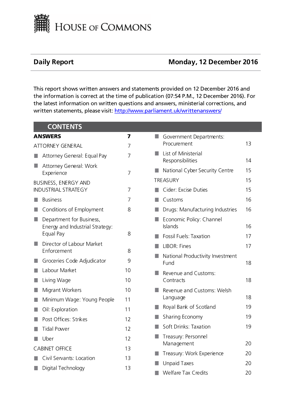 Daily Report Monday, 12 December 2016 CONTENTS