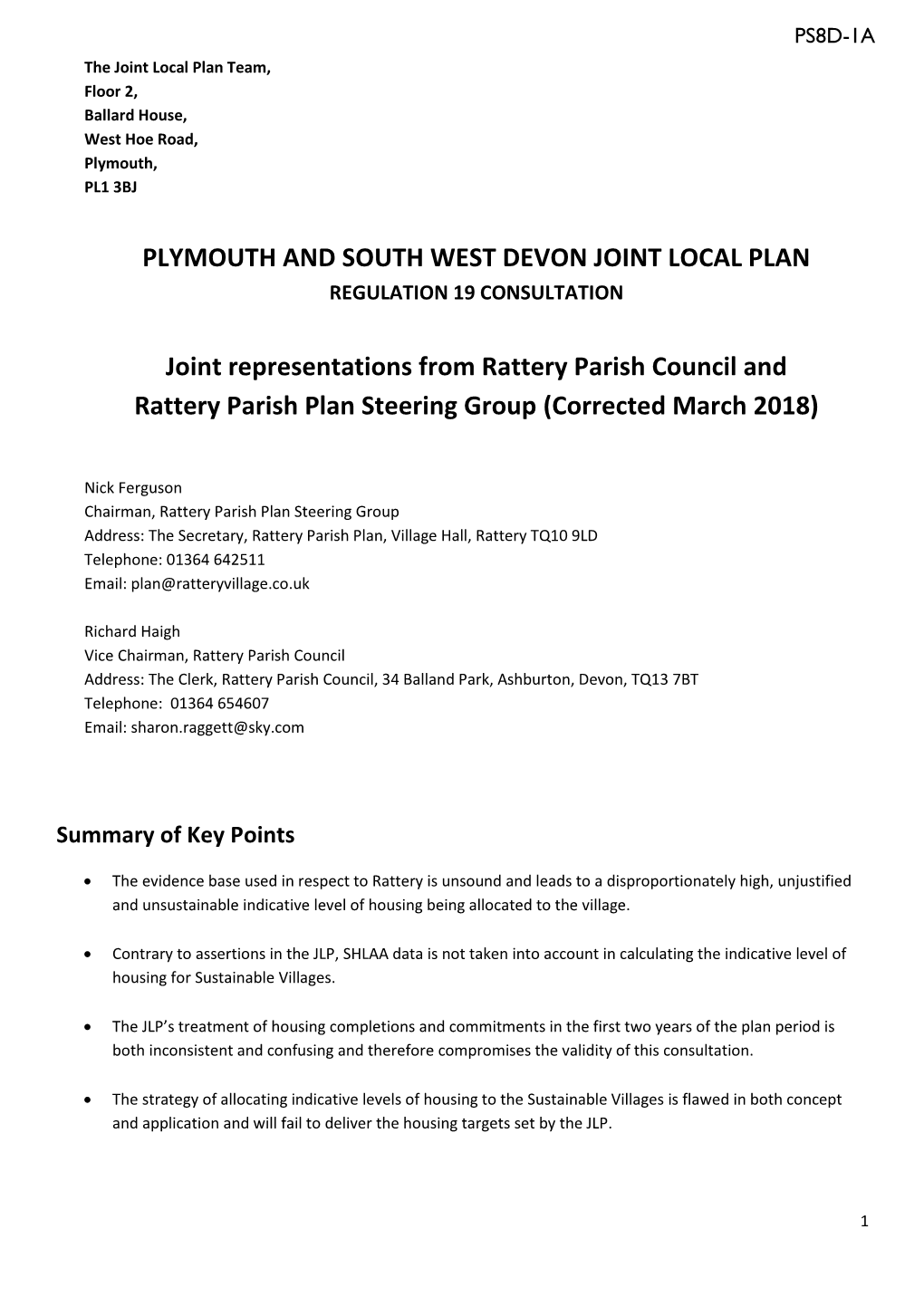 Rattery Parish Council and Rattery Parish Plan Steering Group (Corrected March 2018)