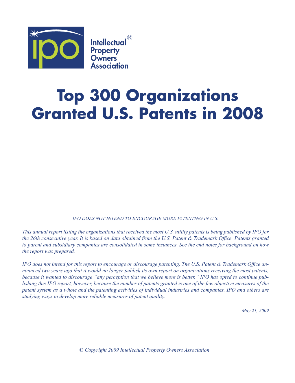 Top 300 Organizations Granted U.S. Patents in 2008