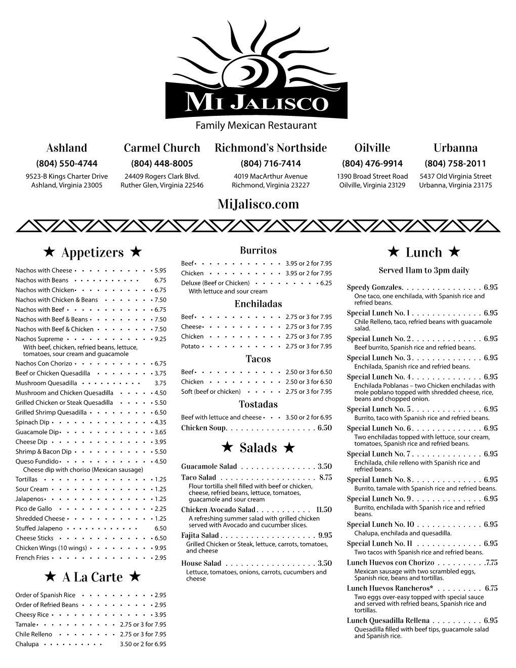 Printable Menu with Prices