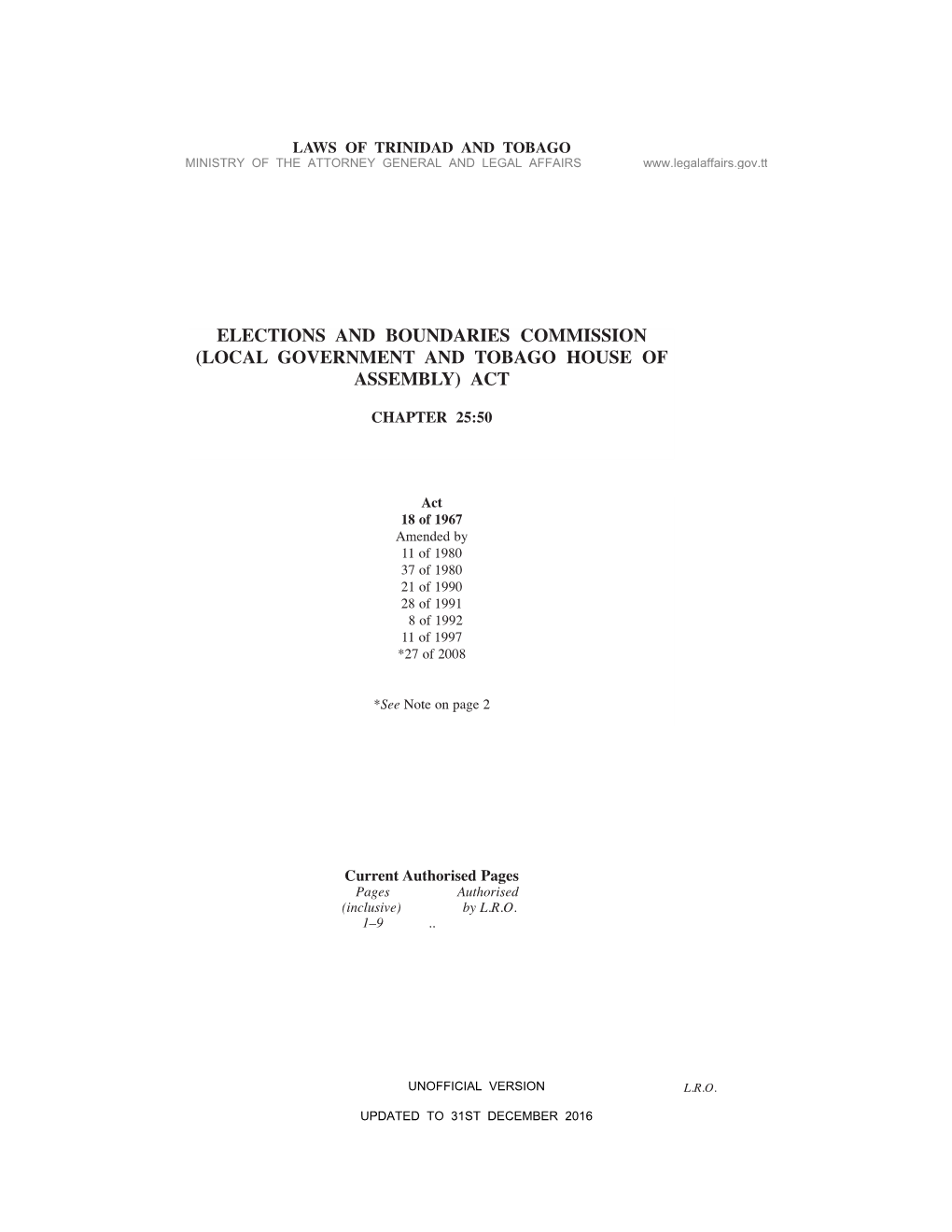 Elections and Boundaries Commission (Local Government and Tobago House of Assembly) Act