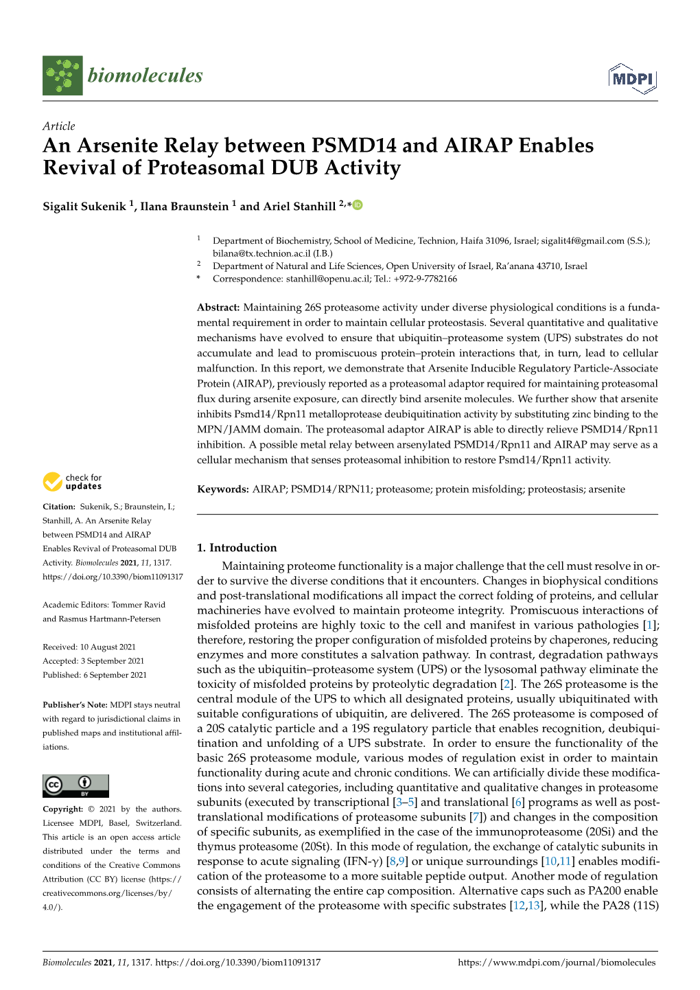 An Arsenite Relay Between PSMD14 and AIRAP Enables Revival of Proteasomal DUB Activity