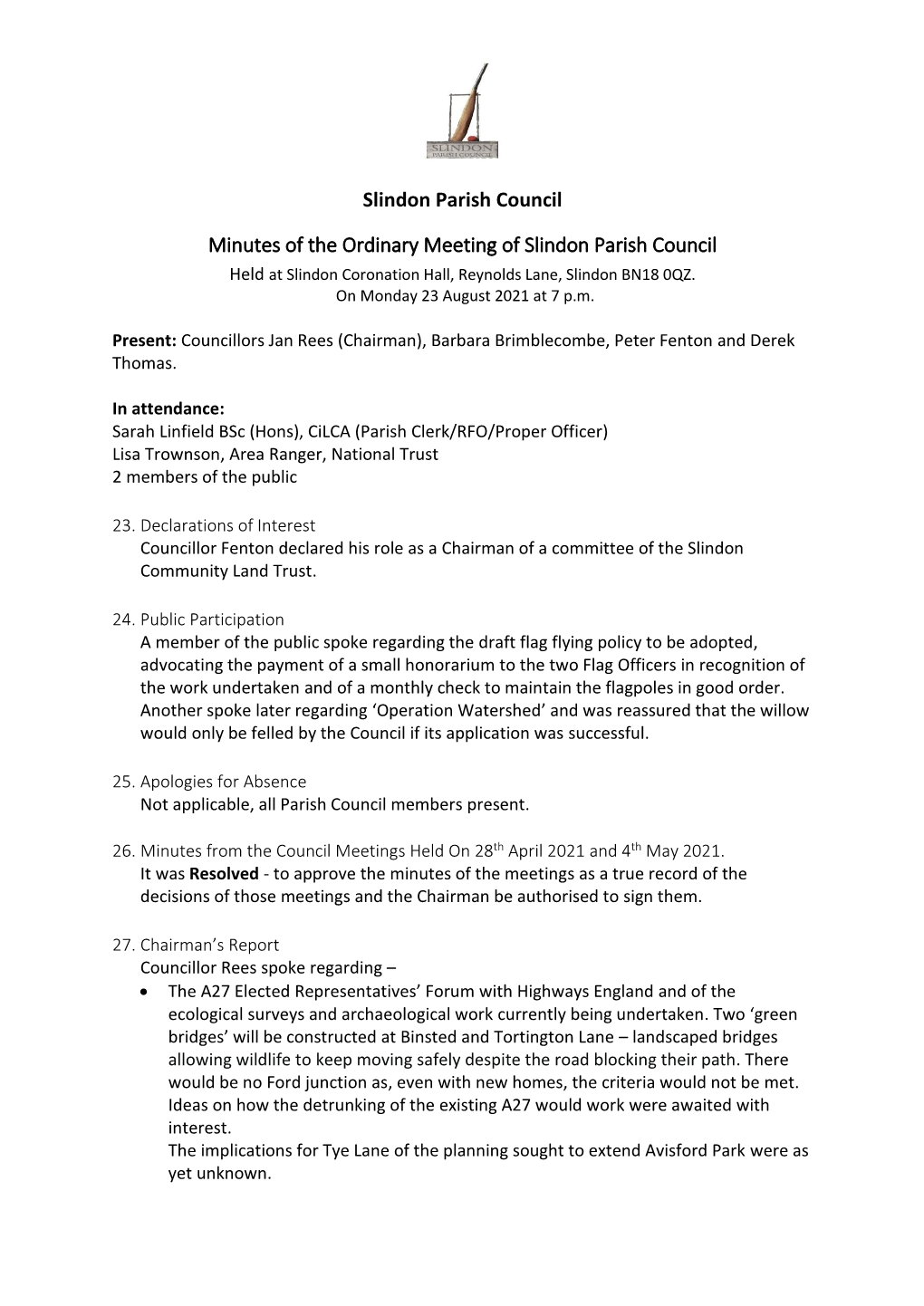 Minutes of the Ordinary Meeting of Slindon Parish Council 23 Augsut 2021