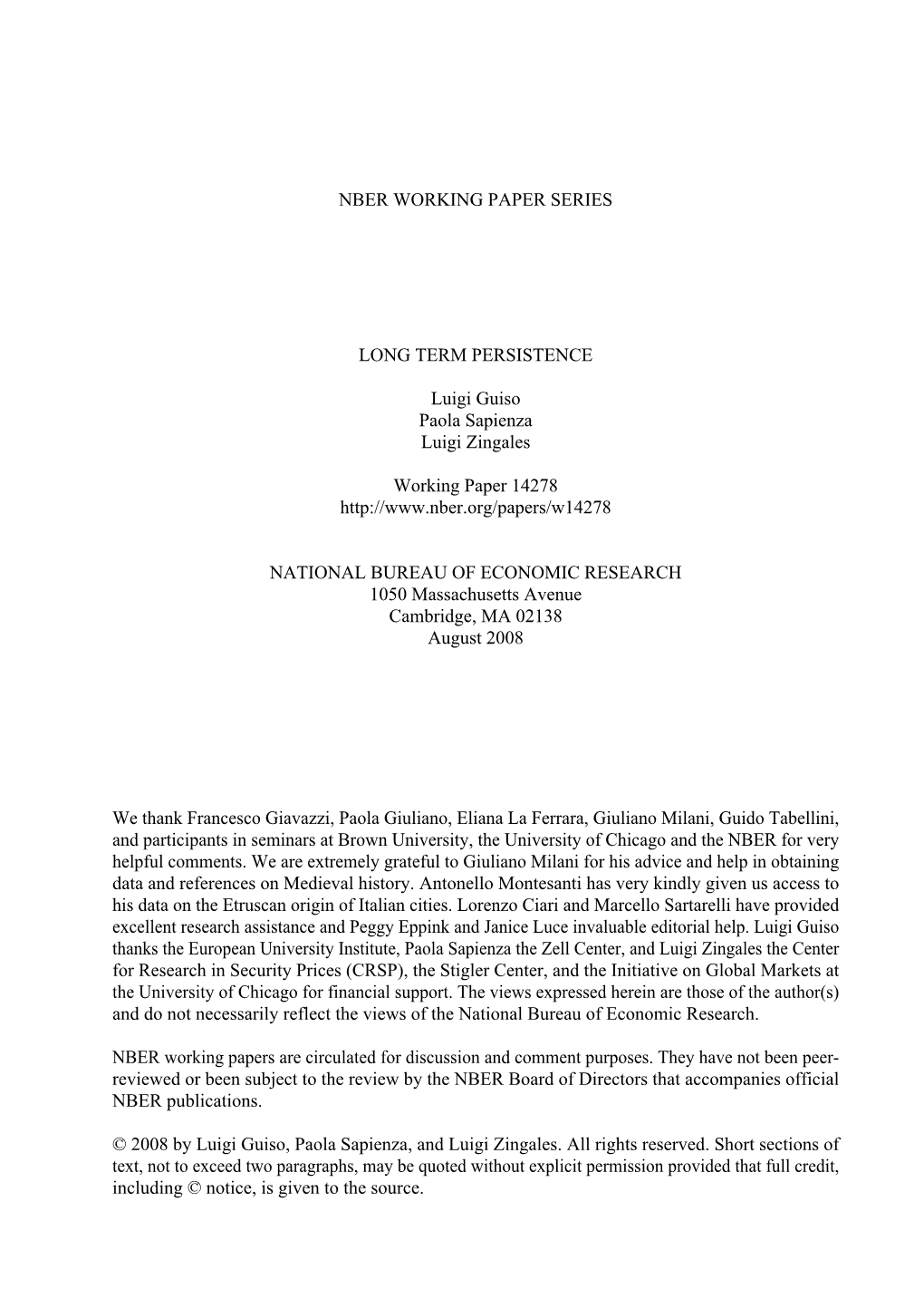 NBER WORKING PAPER SERIES LONG TERM PERSISTENCE Luigi