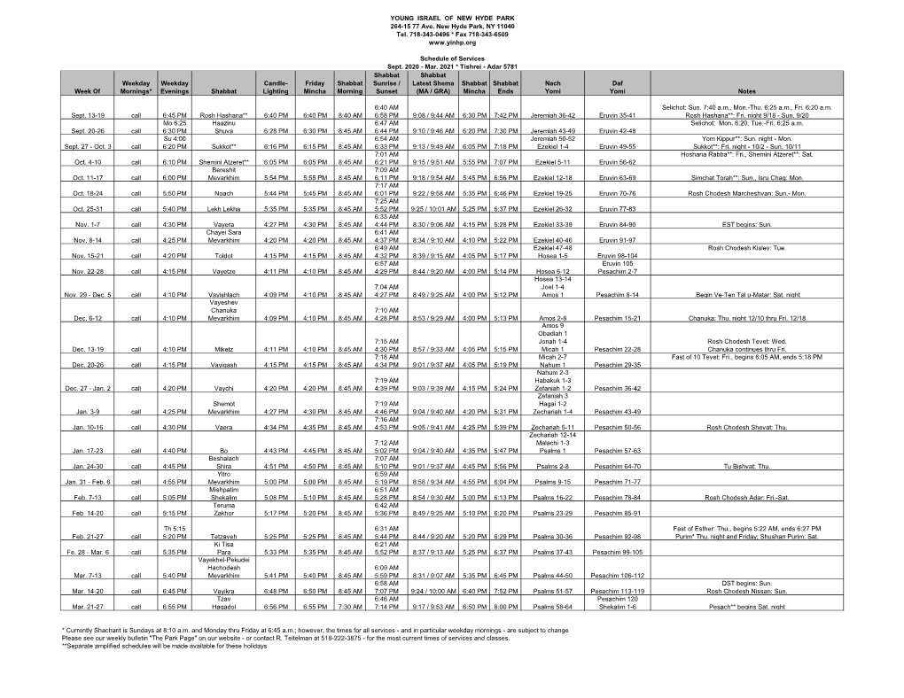 YOUNG ISRAEL of NEW HYDE PARK 264-15 77 Ave. New Hyde Park, NY 11040 Tel