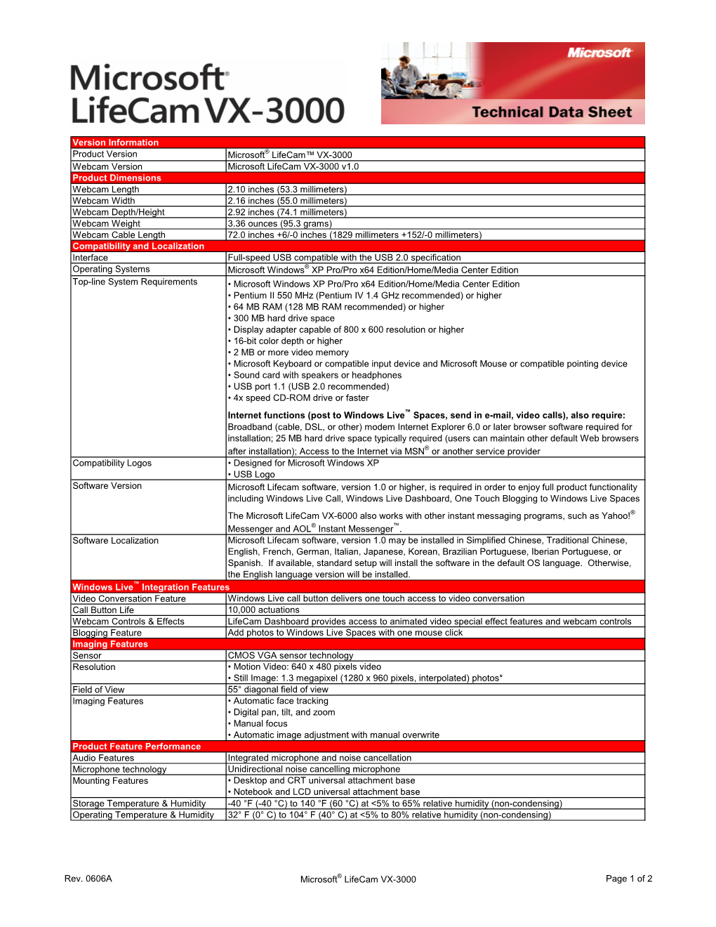 Version Information Product Version Microsoft® Lifecam™ VX-3000