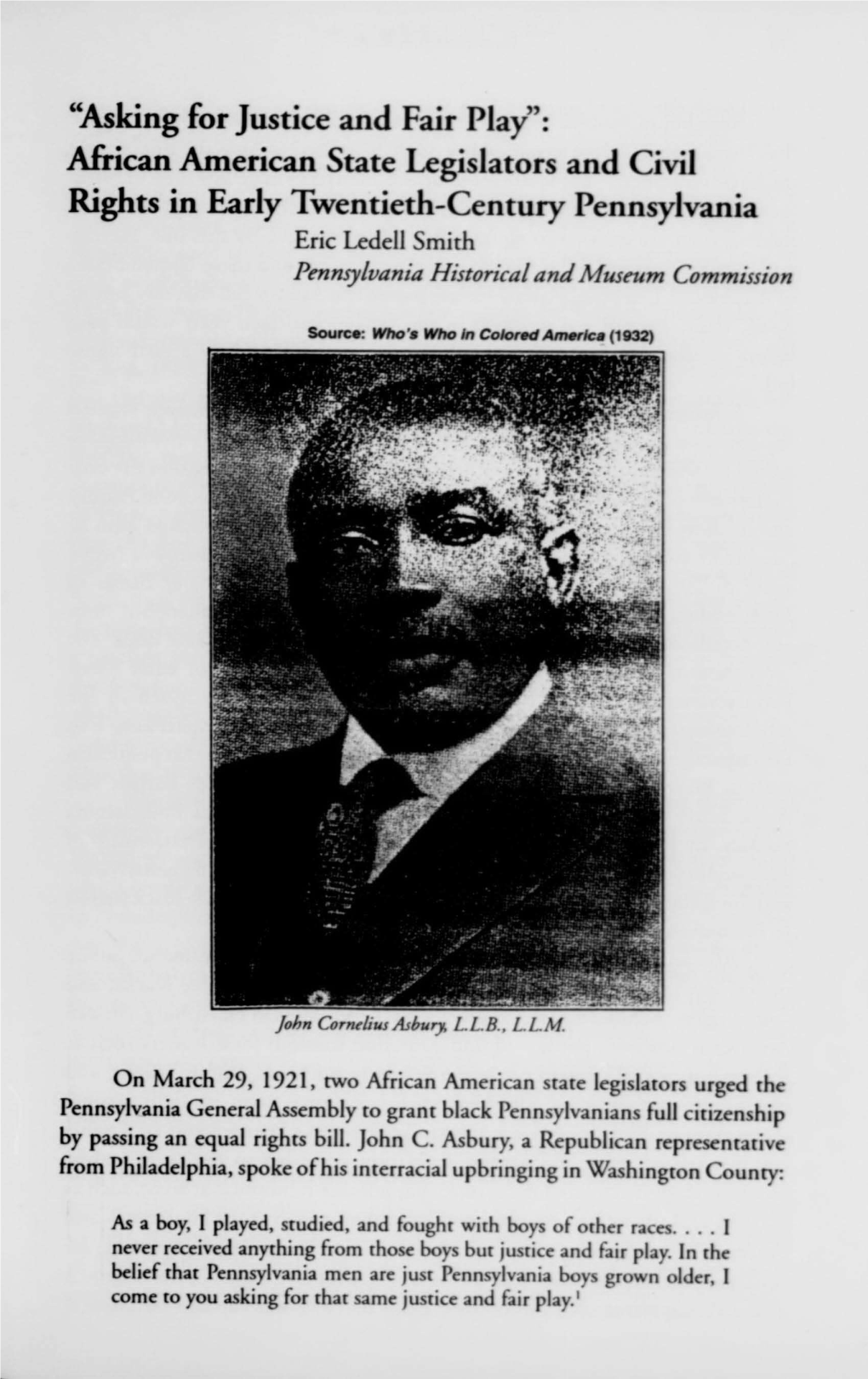 African American State Legislators and Civil Rights in Early Twenticth-Century Pennsylvania Eric Leddli Smith Parnqxswnmi Hsoriealand Mueum Commissieon