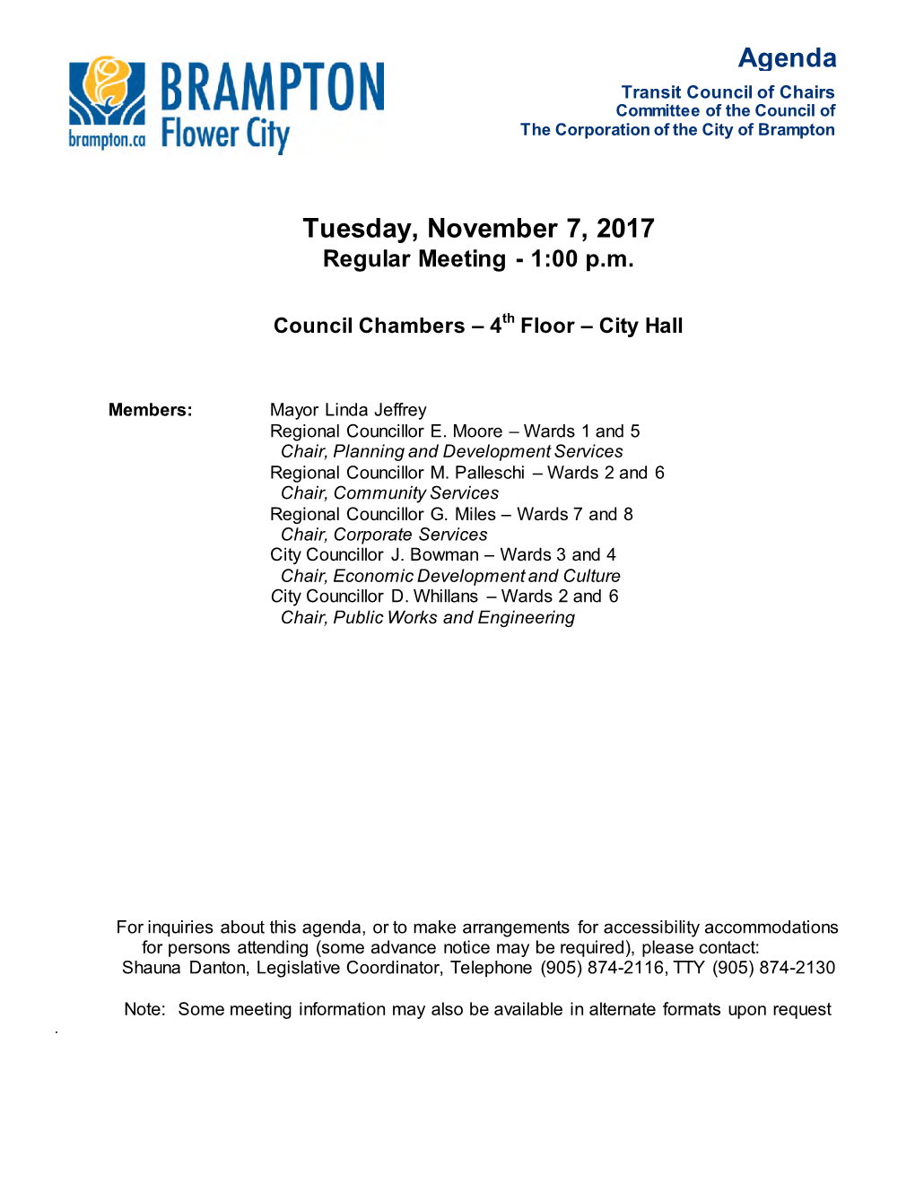 Transit Council of Chairs Agenda for November 7, 2017