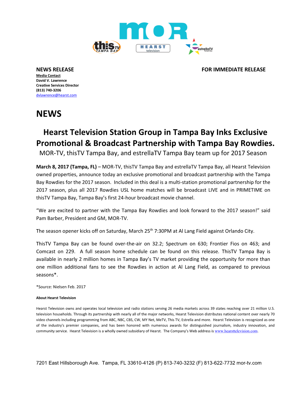 Hearst Television Station Group in Tampa Bay Inks Exclusive Promotional & Broadcast Partnership with Tampa Bay Rowdies