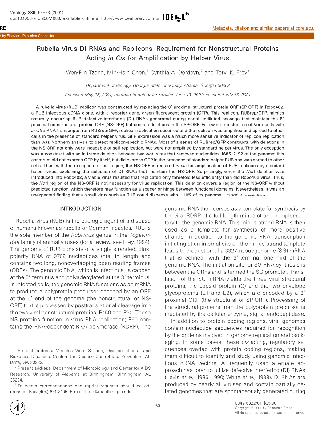 Rubella Virus DI Rnas and Replicons: Requirement for Nonstructural Proteins Acting in Cis for Amplification by Helper Virus