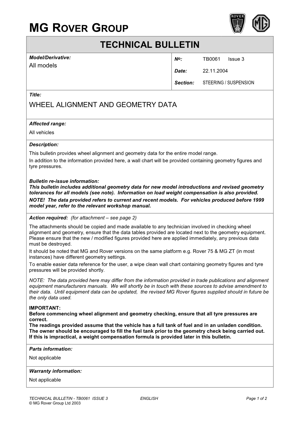 Wheel Alignment and Geometry Data