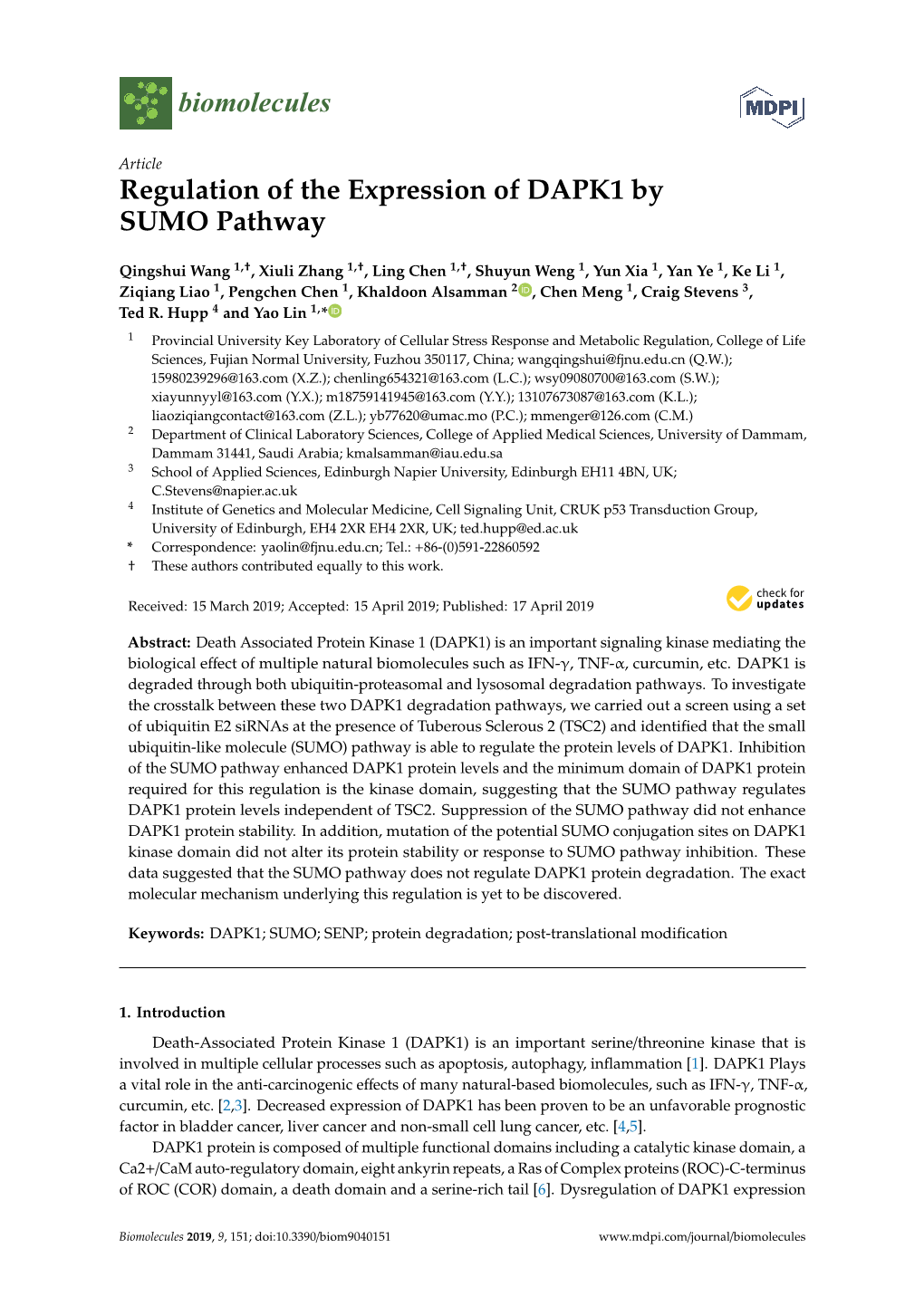 Regulation of the Expression of DAPK1 by SUMO Pathway