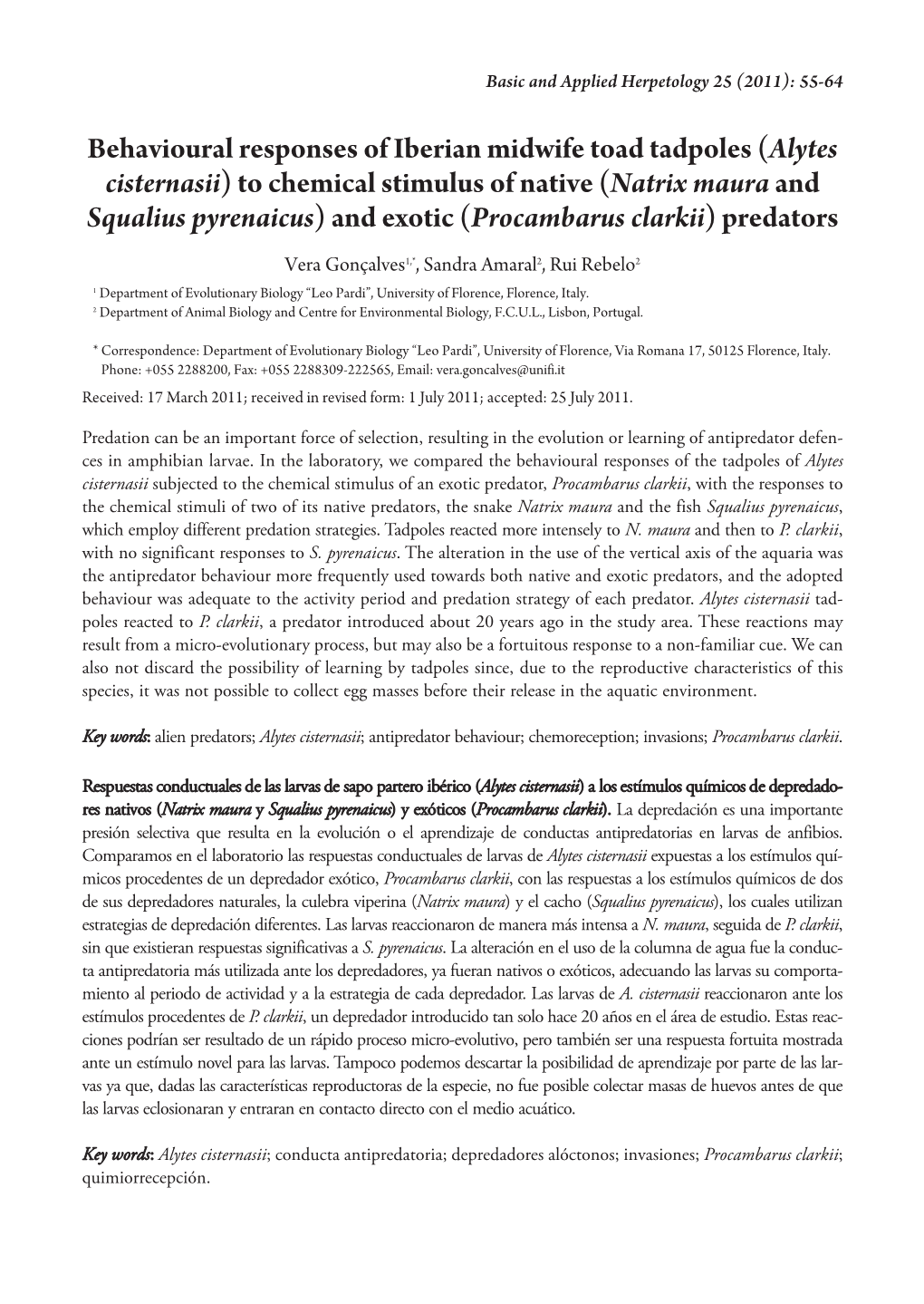 Behavioural Responses of Iberian Midwife Toad Tadpoles (Alytes Cisternasii)