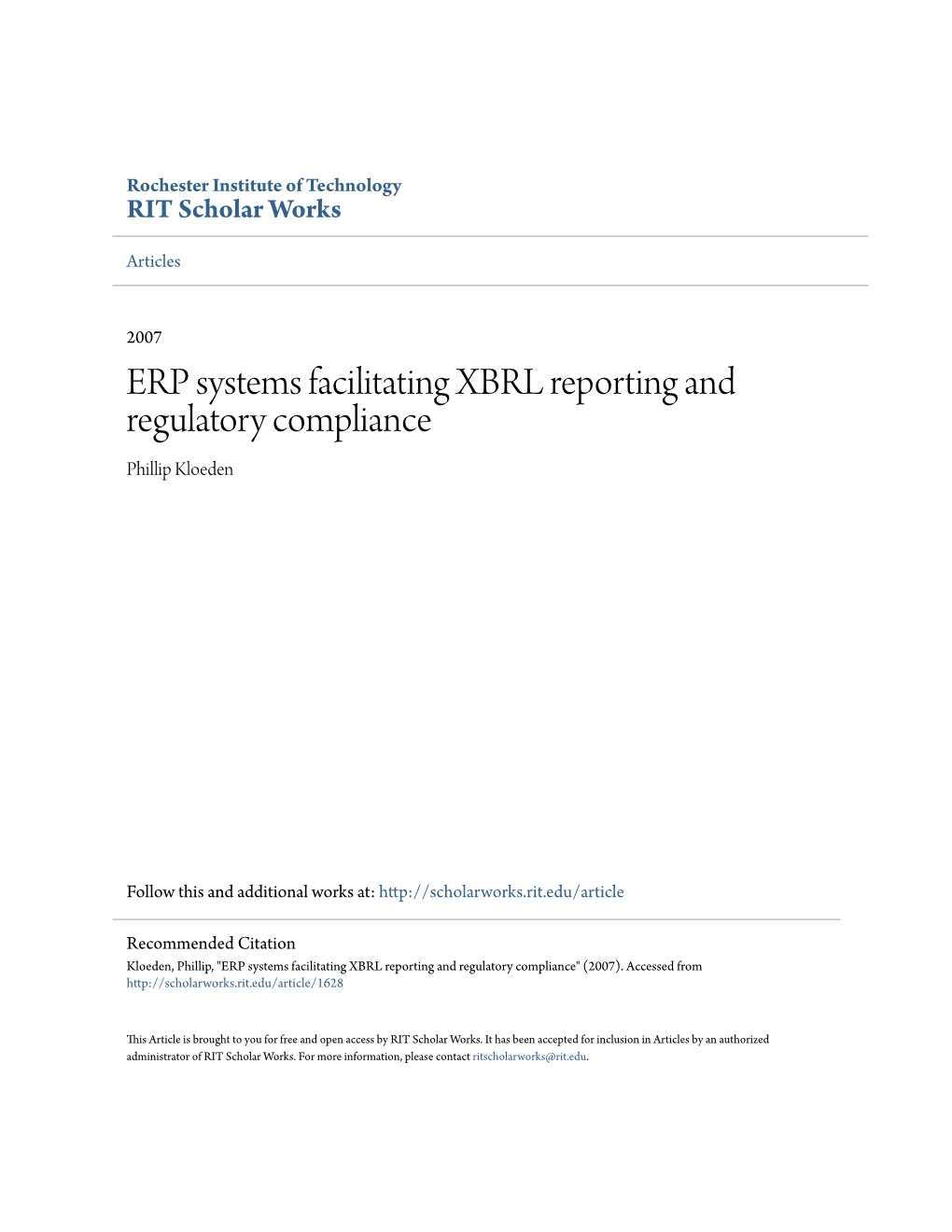 ERP Systems Facilitating XBRL Reporting and Regulatory Compliance Phillip Kloeden