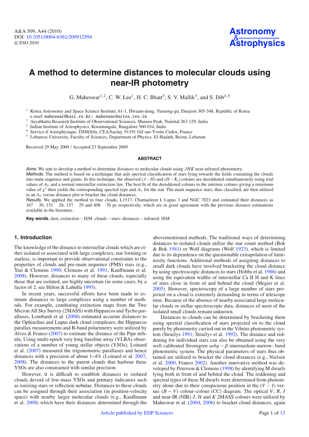 A Method to Determine Distances to Molecular Clouds Using Near-IR Photometry