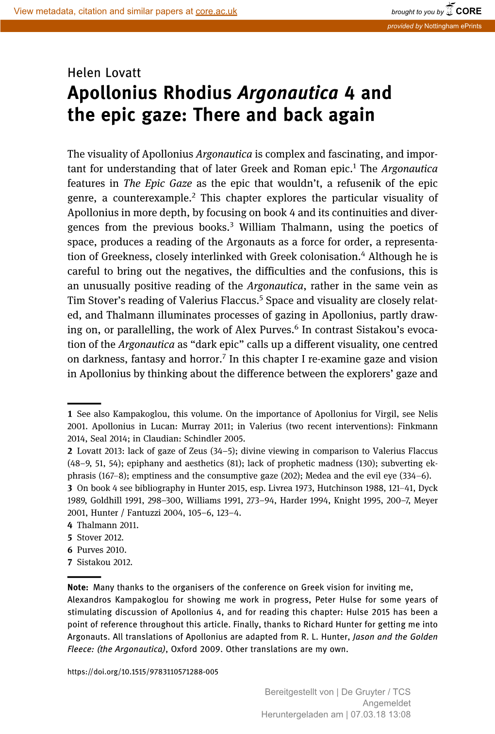 Apollonius Rhodius Argonautica 4 and the Epic Gaze: There and Back Again