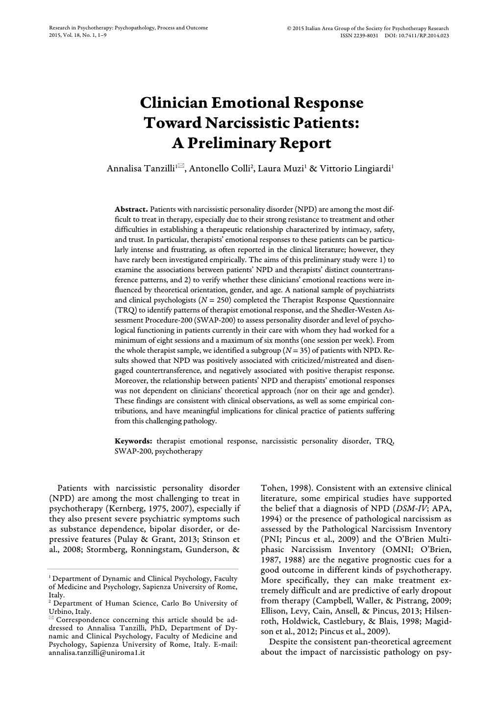 Clinician Emotional Response Toward Narcissistic Patients: a Preliminary Report