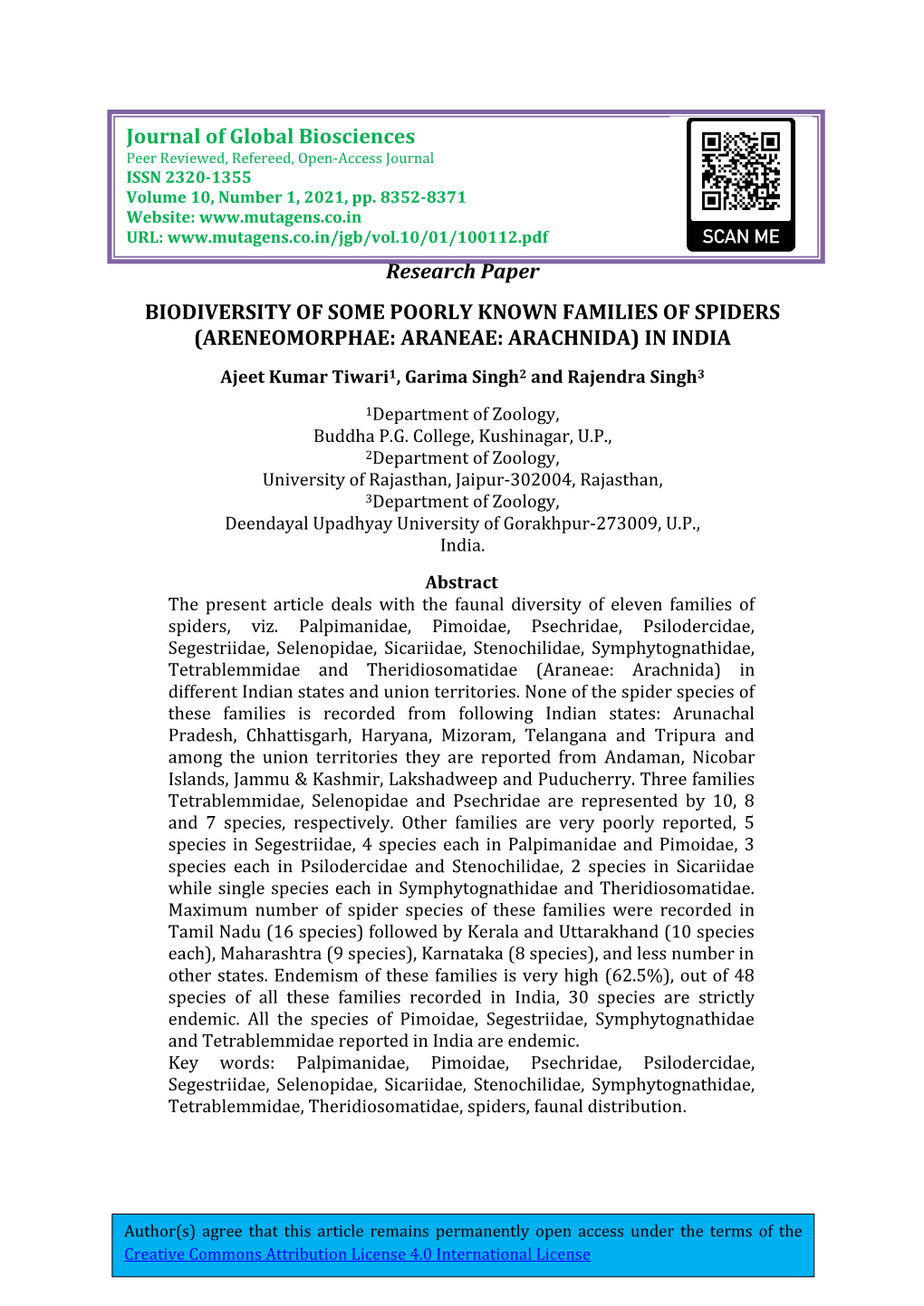 Research Paper BIODIVERSITY of SOME POORLY KNOWN FAMILIES of SPIDERS (ARENEOMORPHAE: ARANEAE: ARACHNIDA) in INDIA