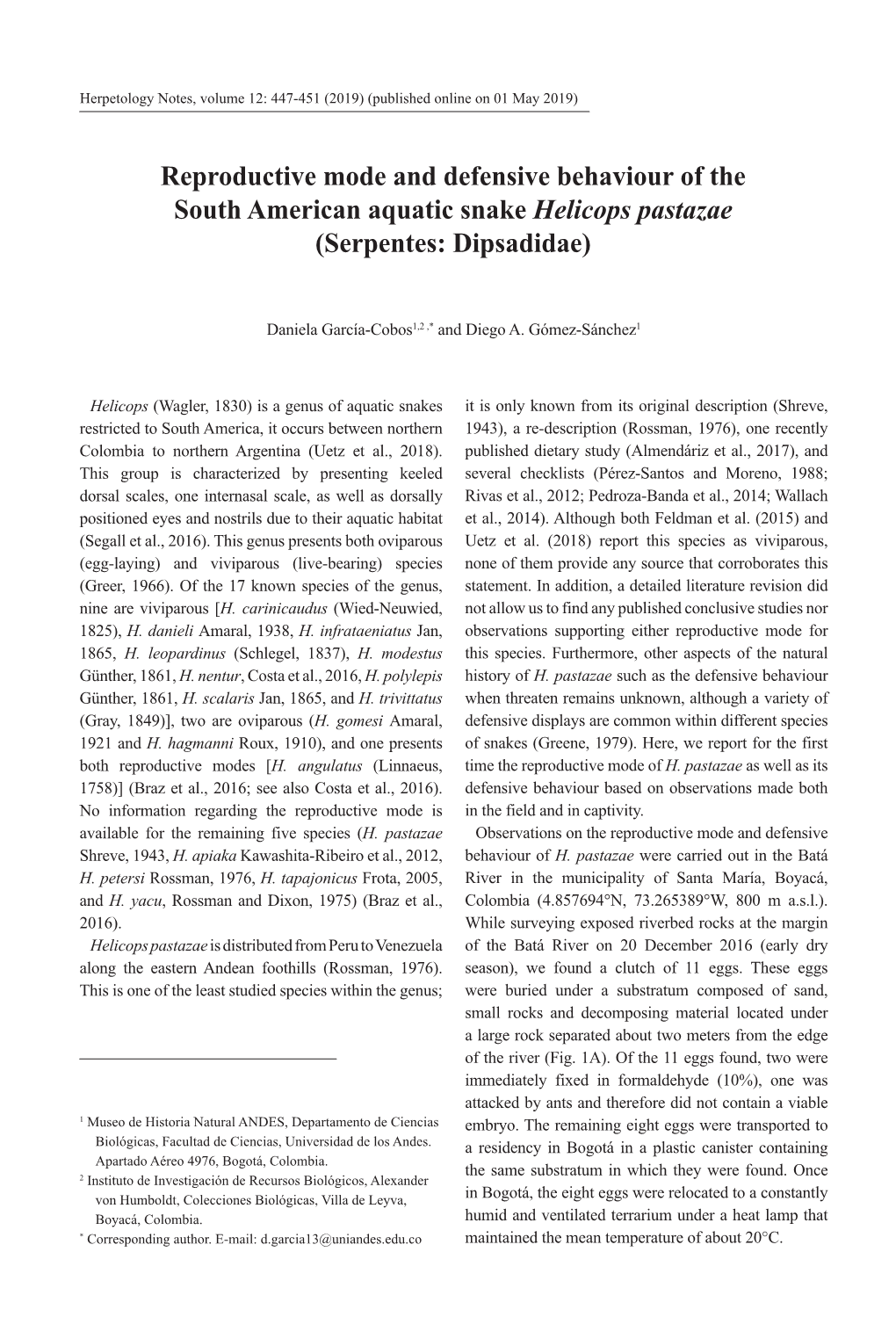 Reproductive Mode and Defensive Behaviour of the South American Aquatic Snake Helicops Pastazae (Serpentes: Dipsadidae)