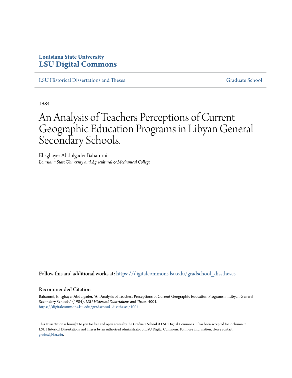 An Analysis of Teachers Perceptions of Current Geographic Education Programs in Libyan General Secondary Schools
