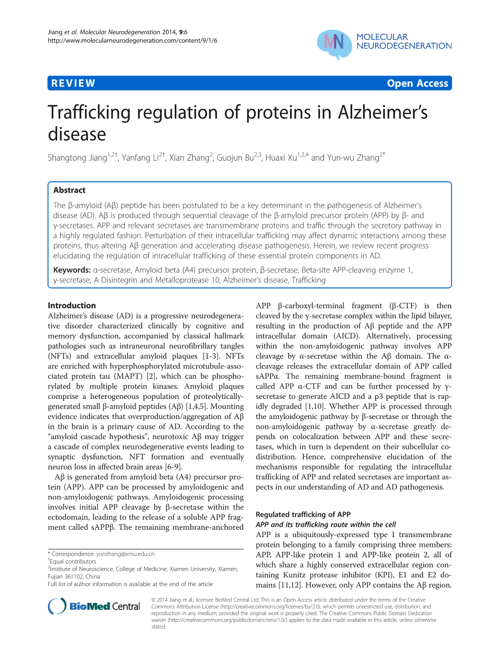 Trafficking Regulation of Proteins in Alzheimer's Disease