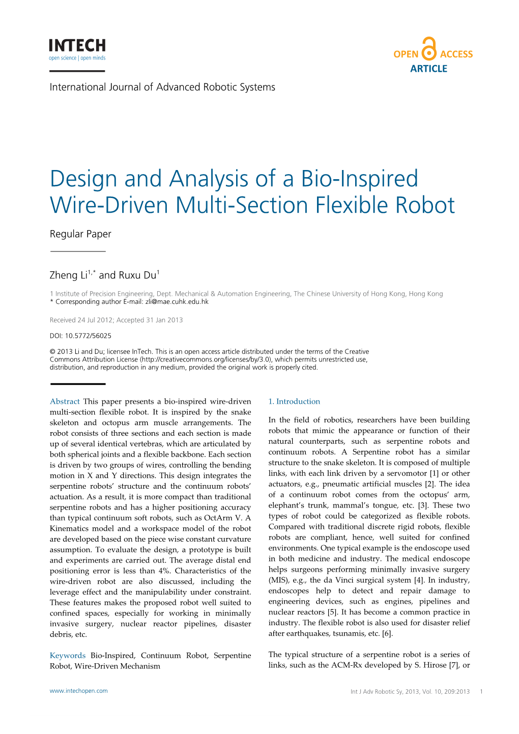 Design and Analysis of a Bio-Inspired Wire-Driven Multi-Section Flexible Robot