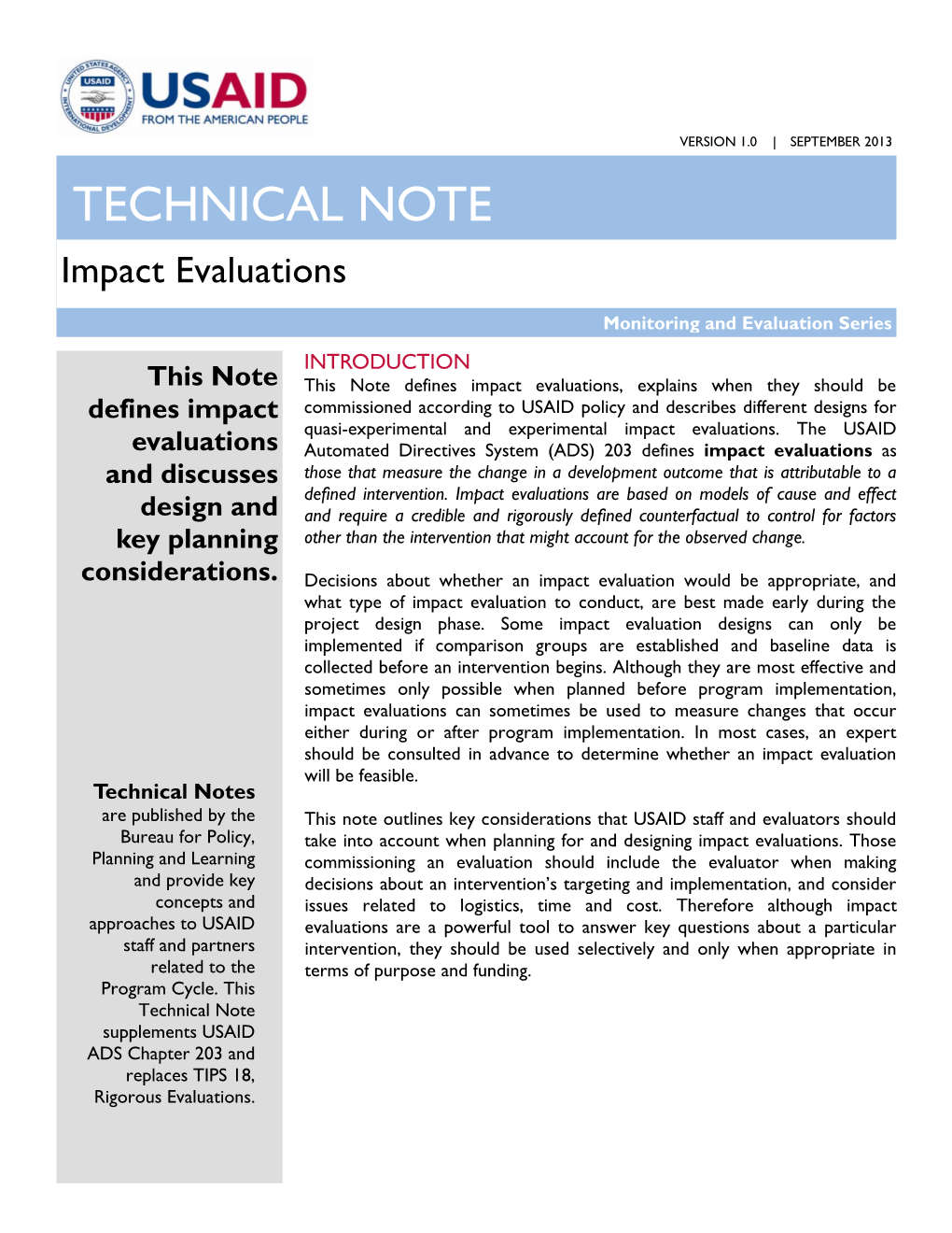 USAID Technical Note on Impact Evaluation