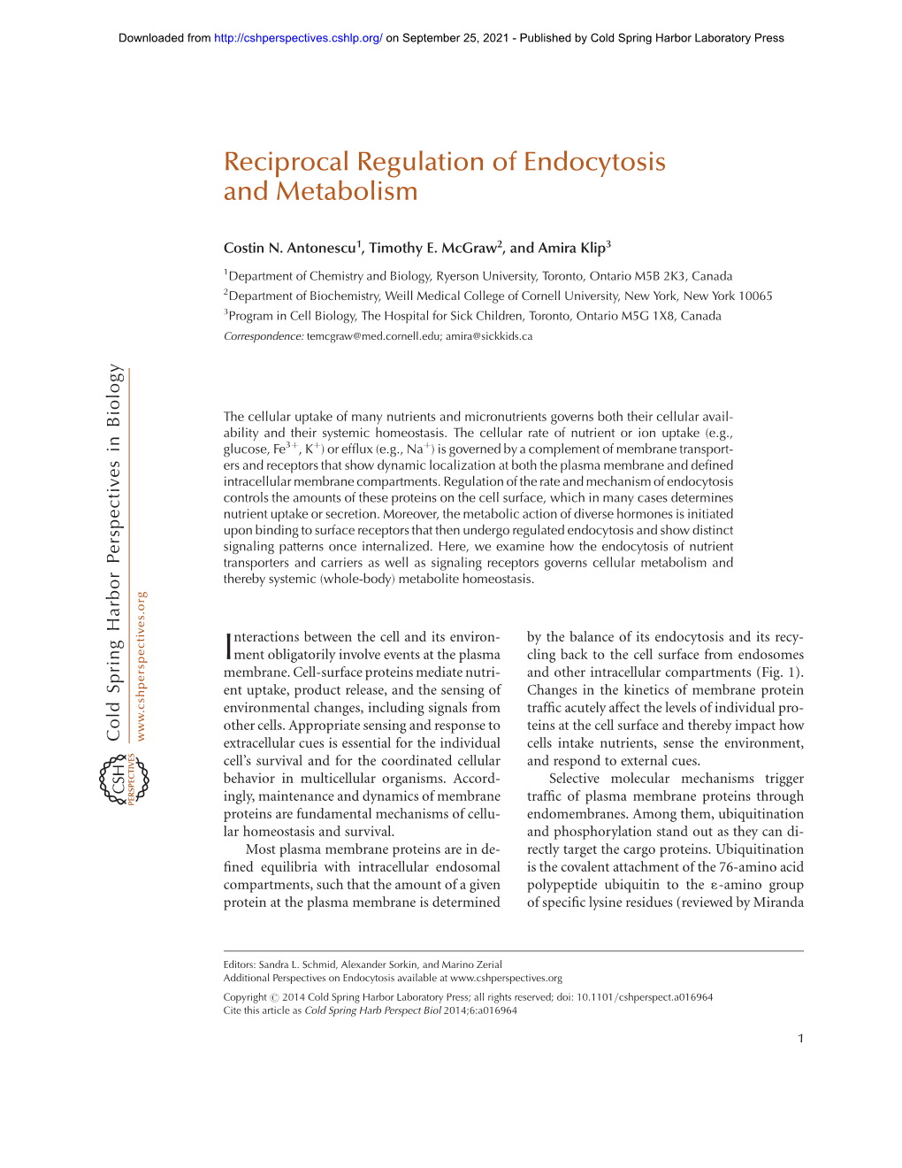 Reciprocal Regulation of Endocytosis and Metabolism