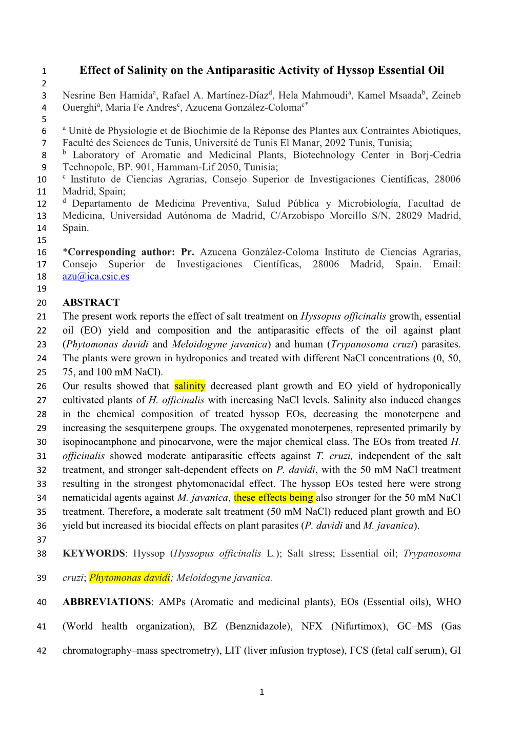 Effect of Salinity on the Antiparasitic Activity of Hyssop Essential Oil 2 3 Nesrine Ben Hamidaa, Rafael A