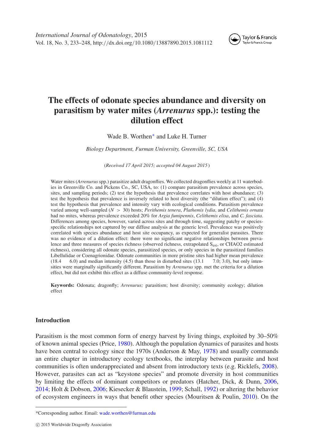 The Effects of Odonate Species Abundance and Diversity on Parasitism by Water Mites (Arrenurus Spp.): Testing the Dilution Effect