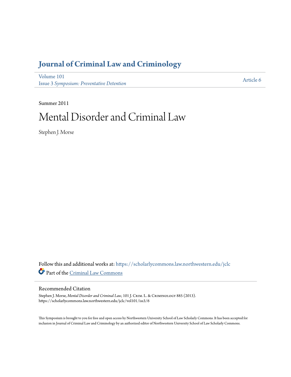 Mental Disorder and Criminal Law Stephen J