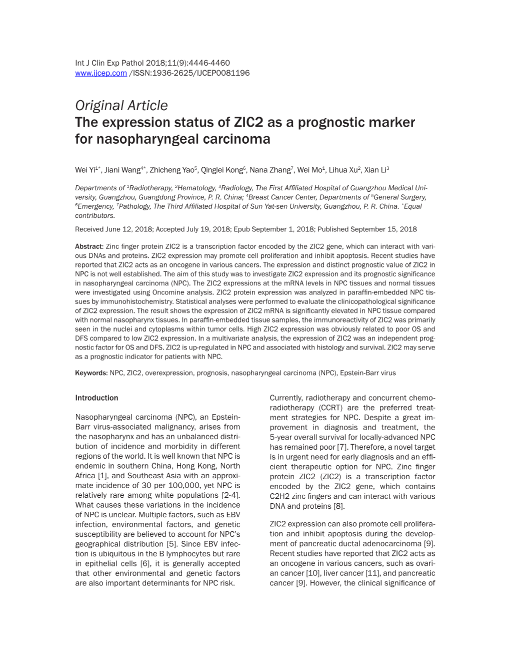 Original Article the Expression Status of ZIC2 As a Prognostic Marker for Nasopharyngeal Carcinoma
