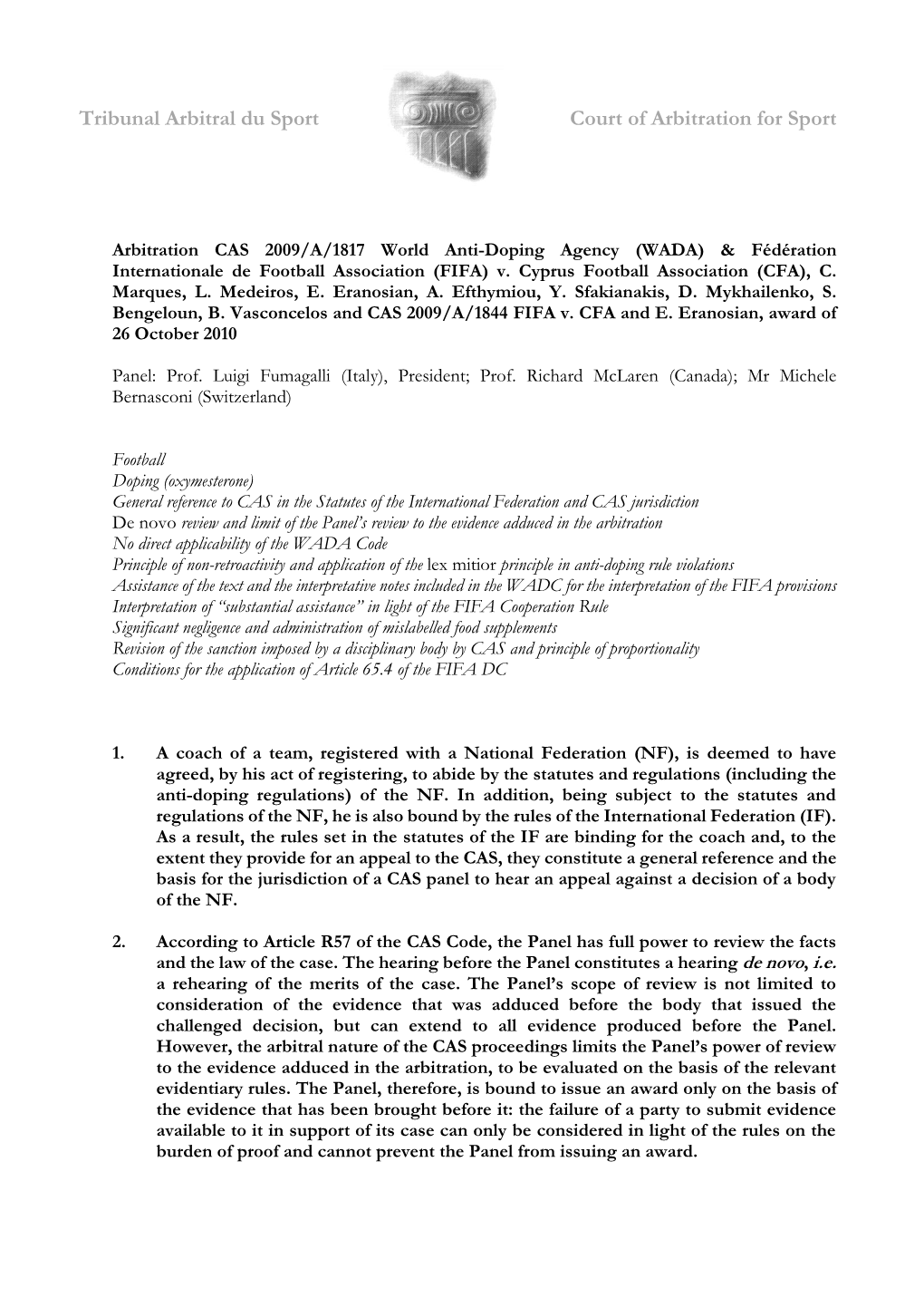 CAS 2009/A/1817 World Anti-Doping Agency (WADA) & Fédération Internationale De Football Association (FIFA) V