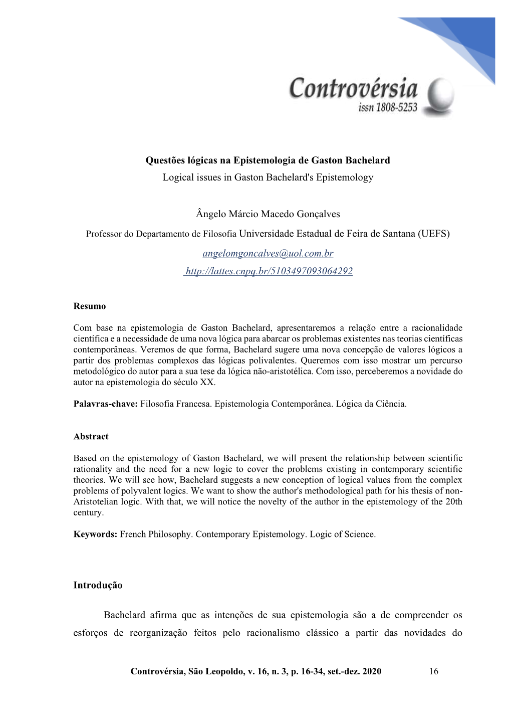 Questões Lógicas Na Epistemologia De Gaston Bachelard Logical Issues in Gaston Bachelard's Epistemology