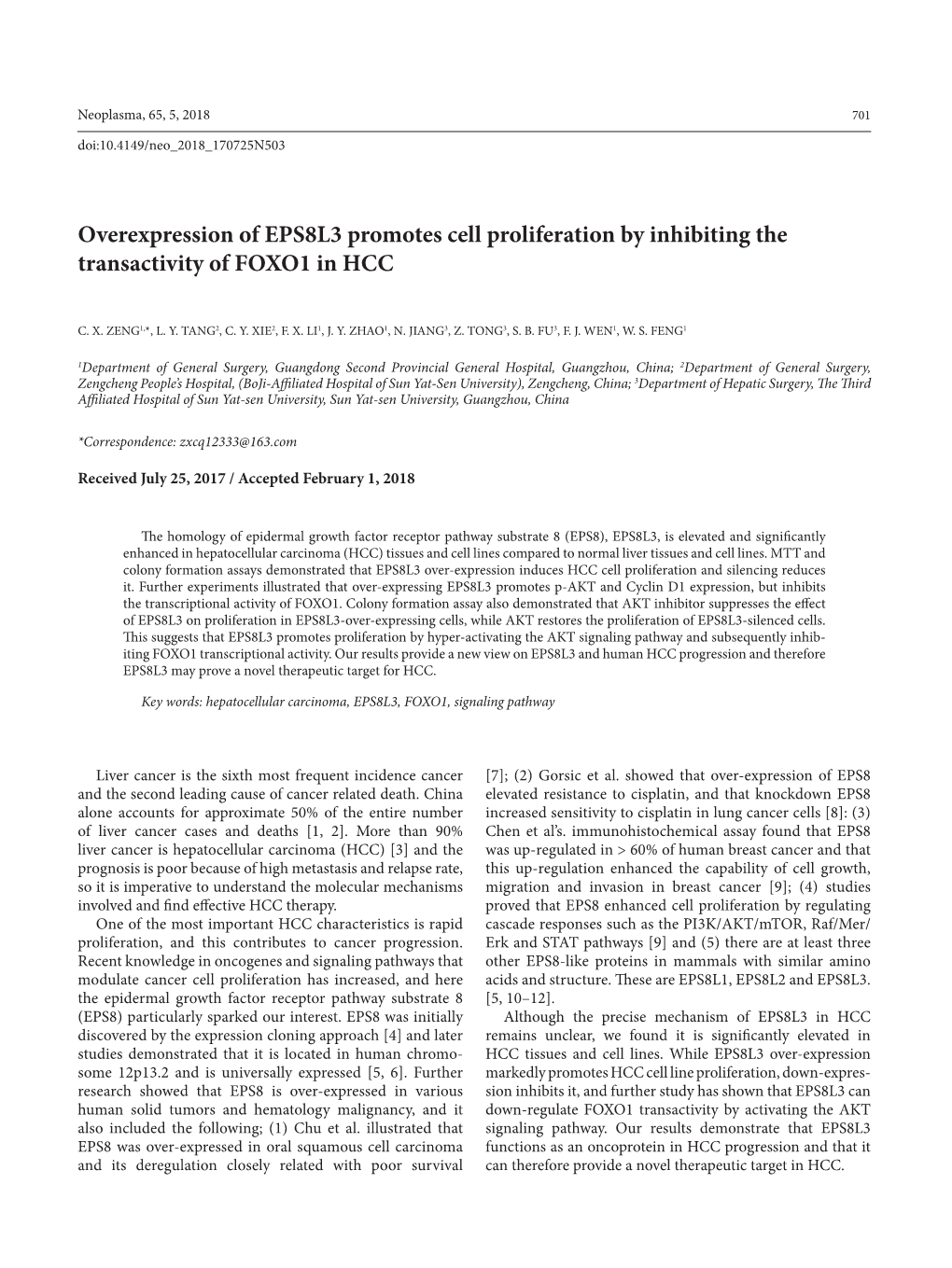 Overexpression of EPS8L3 Promotes Cell Proliferation by Inhibiting the Transactivity of FOXO1 in HCC