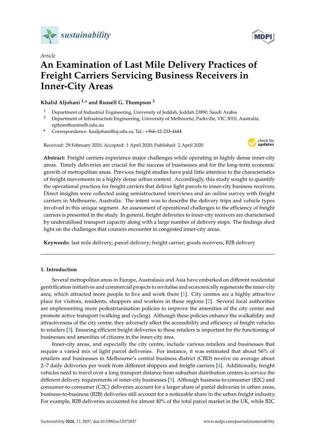 An Examination of Last Mile Delivery Practices of Freight Carriers Servicing Business Receivers in Inner-City Areas