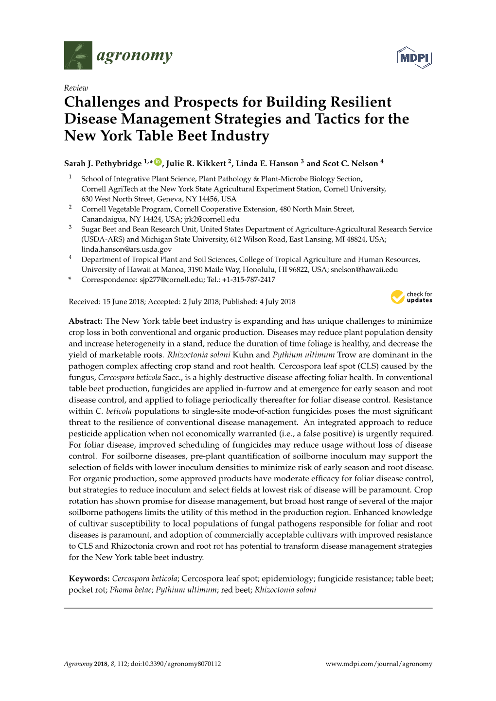 Challenges and Prospects for Building Resilient Disease Management Strategies and Tactics for the New York Table Beet Industry