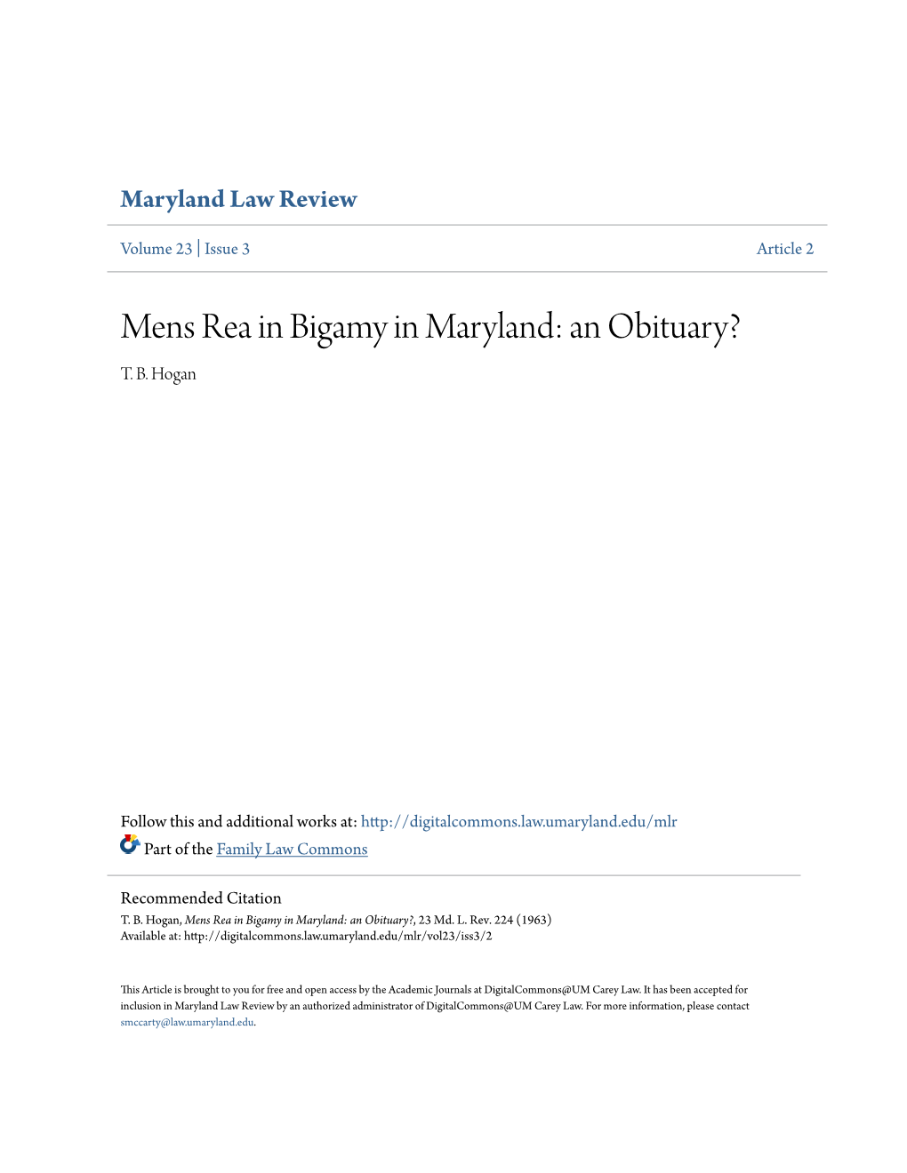 Mens Rea in Bigamy in Maryland: an Obituary? T
