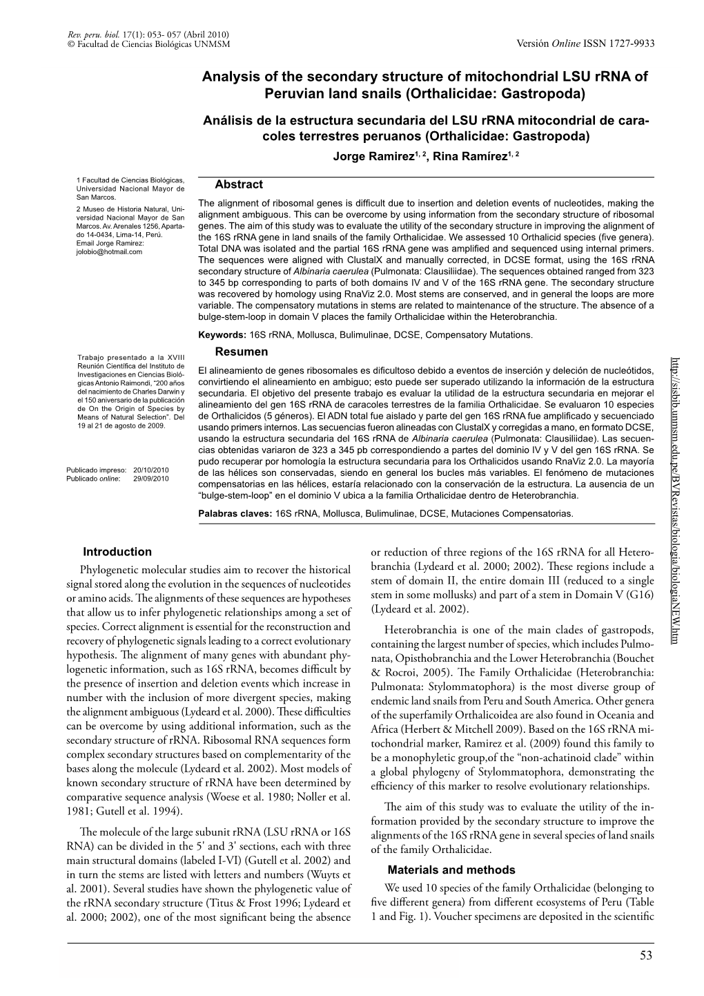 Analysis of the Secondary Structure of Mitochondrial LSU Rrna of Peruvian Land Snails (Orthalicidae: Gastropoda)