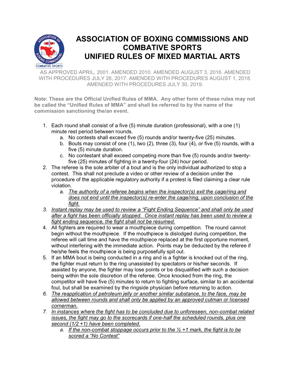 Association of Boxing Commissions and Combative Sports Unified Rules of Mixed Martial Arts