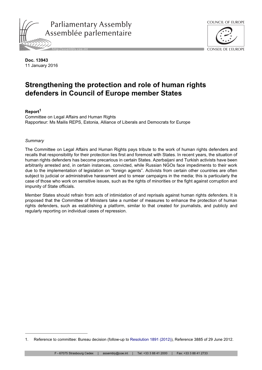 Strengthening the Protection and Role of Human Rights Defenders in Council of Europe Member States