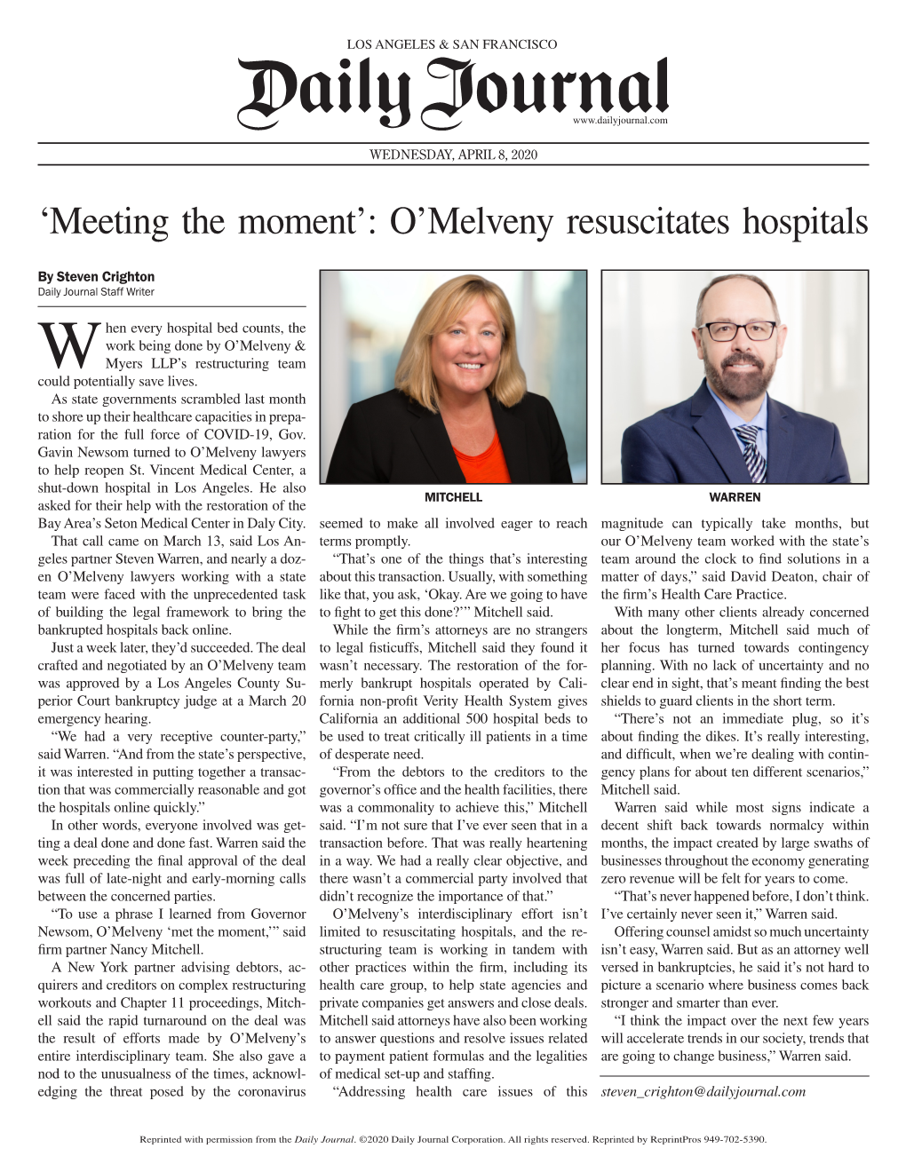 'Meeting the Moment': O'melveny Resuscitates Hospitals
