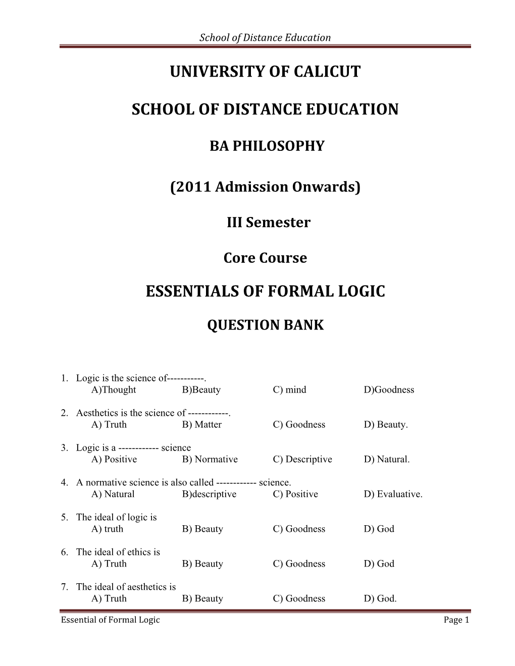 Essentials of Formal Logic-III Sem Core Course