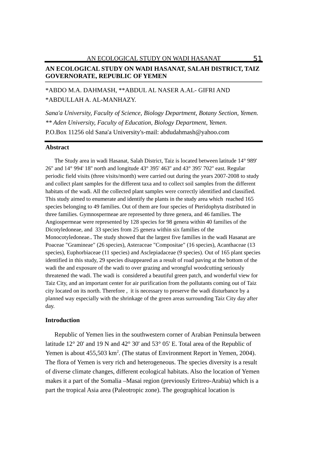 An Ecological Study on Wadi Hasanat, Salah District, Taiz Governorate, Republic of Yemen