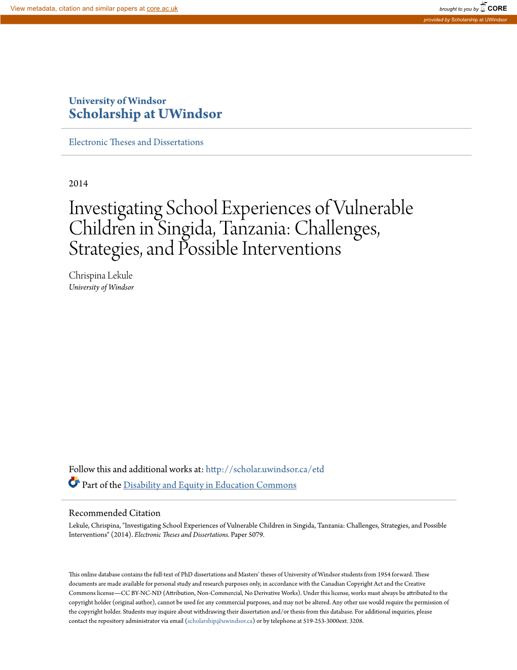 Investigating School Experiences of Vulnerable Children In