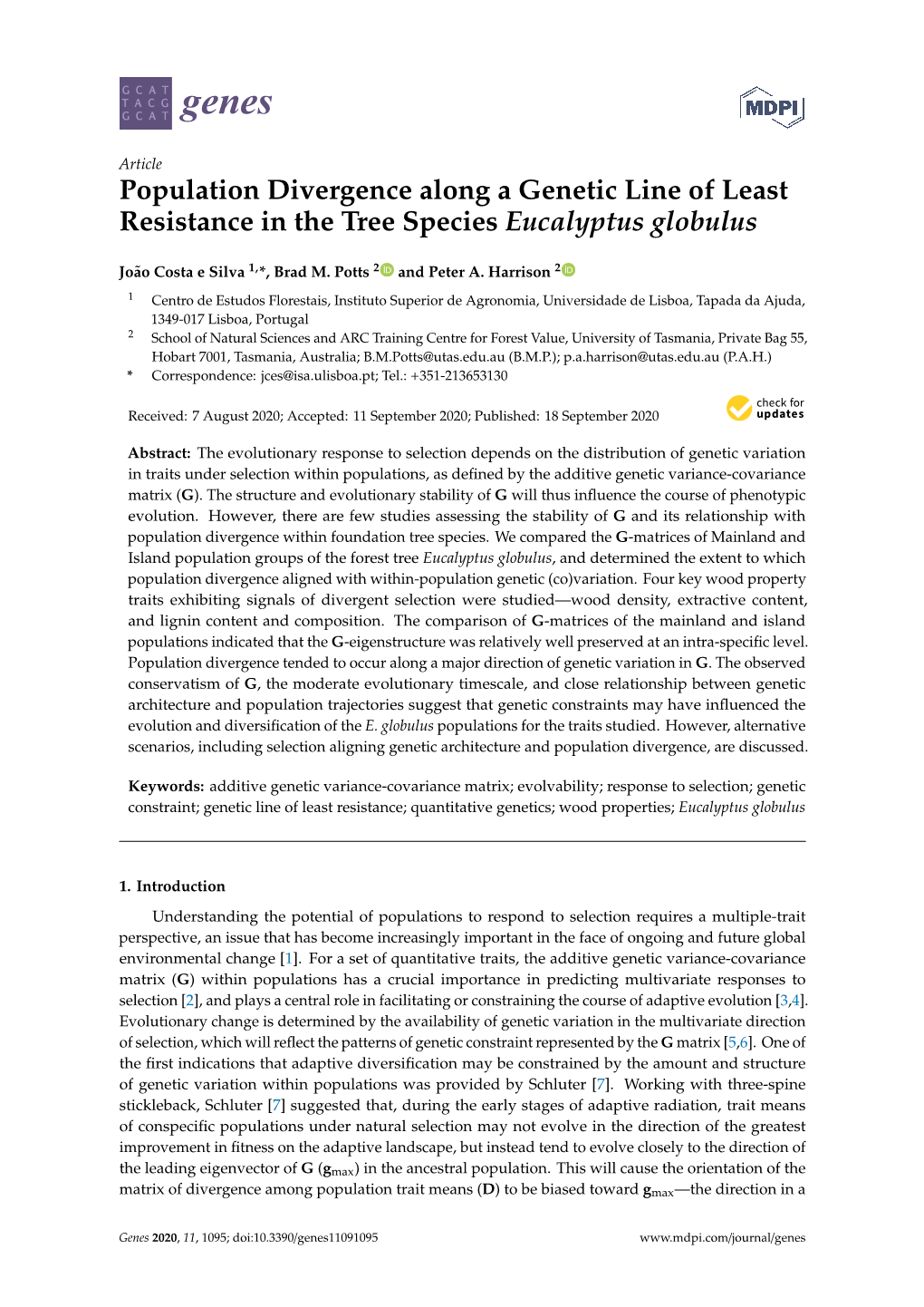 Population Divergence Along a Genetic Line of Least Resistance in the Tree Species Eucalyptus Globulus