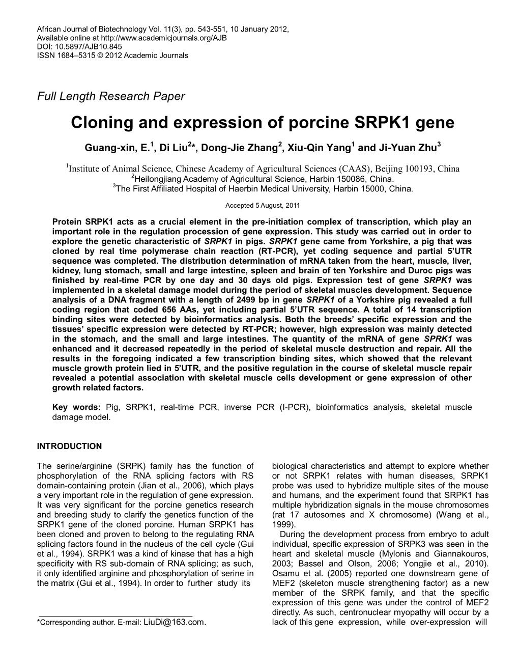 Cloning and Expression of Porcine SRPK1 Gene