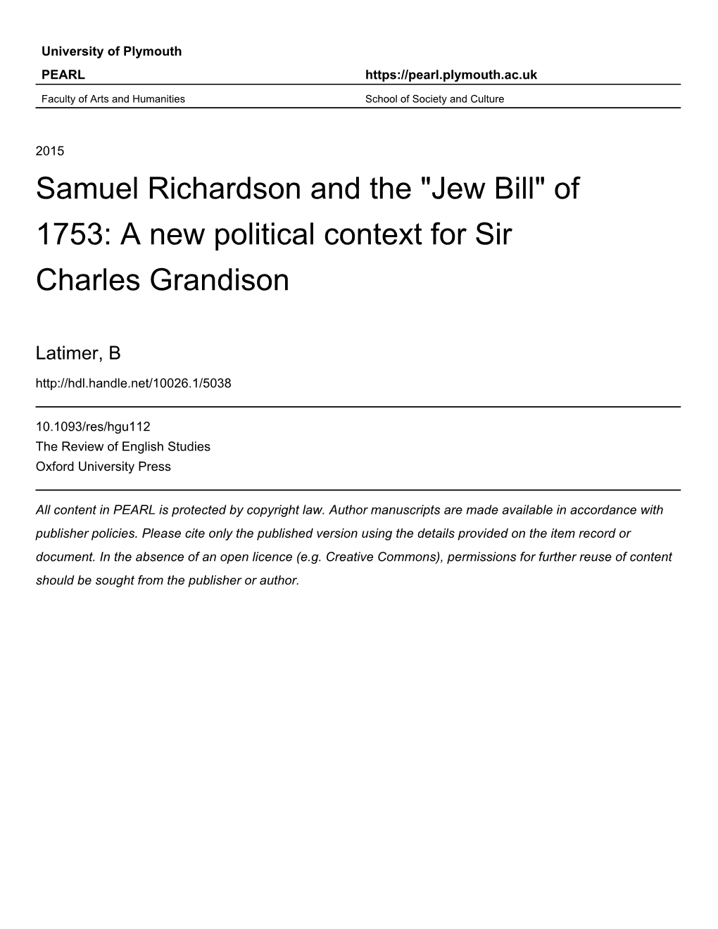 Jew Bill" of 1753: a New Political Context for Sir Charles Grandison