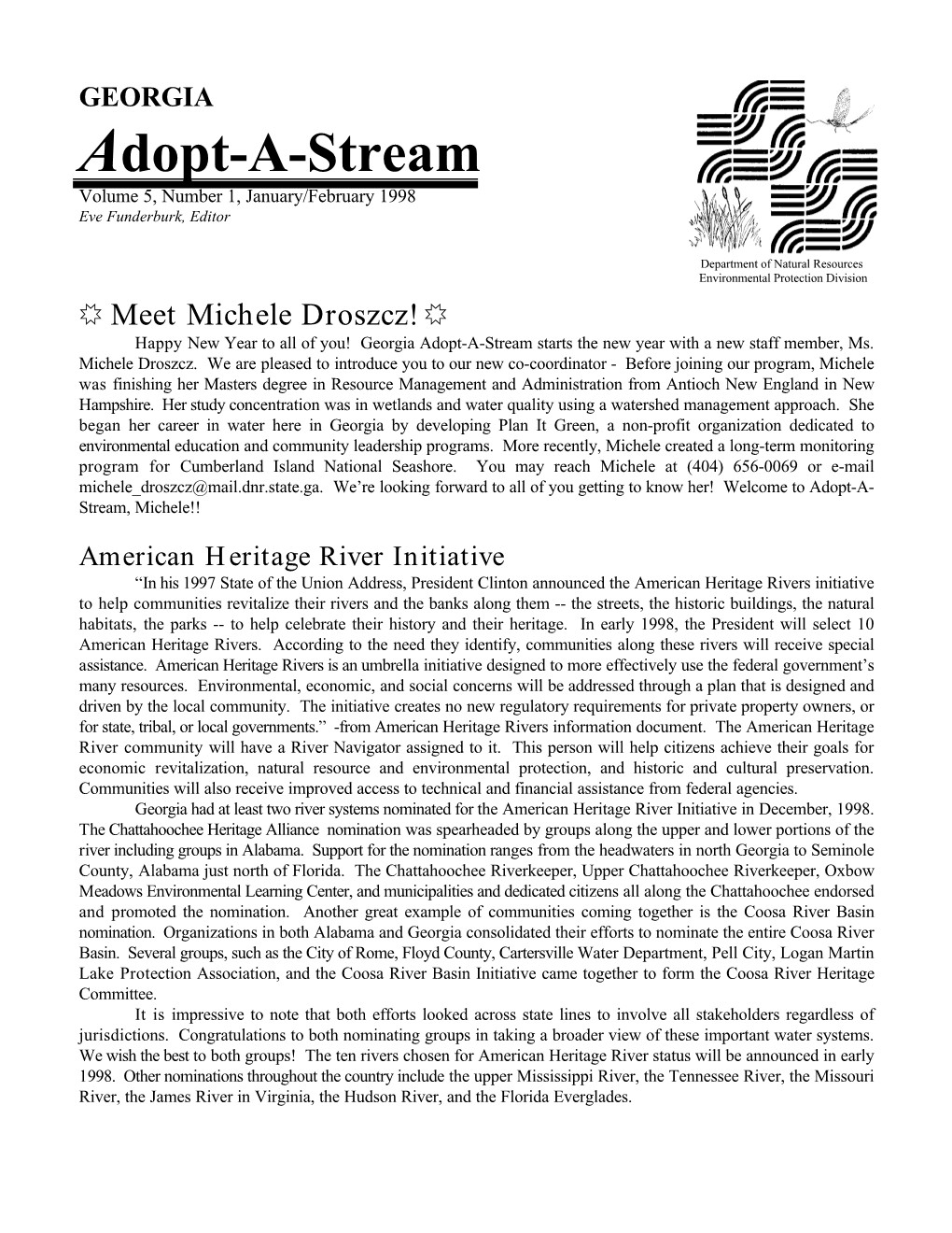 GEORGIA Adopt-A-Stream Volume 5, Number 1, January/February 1998 Eve Funderburk, Editor