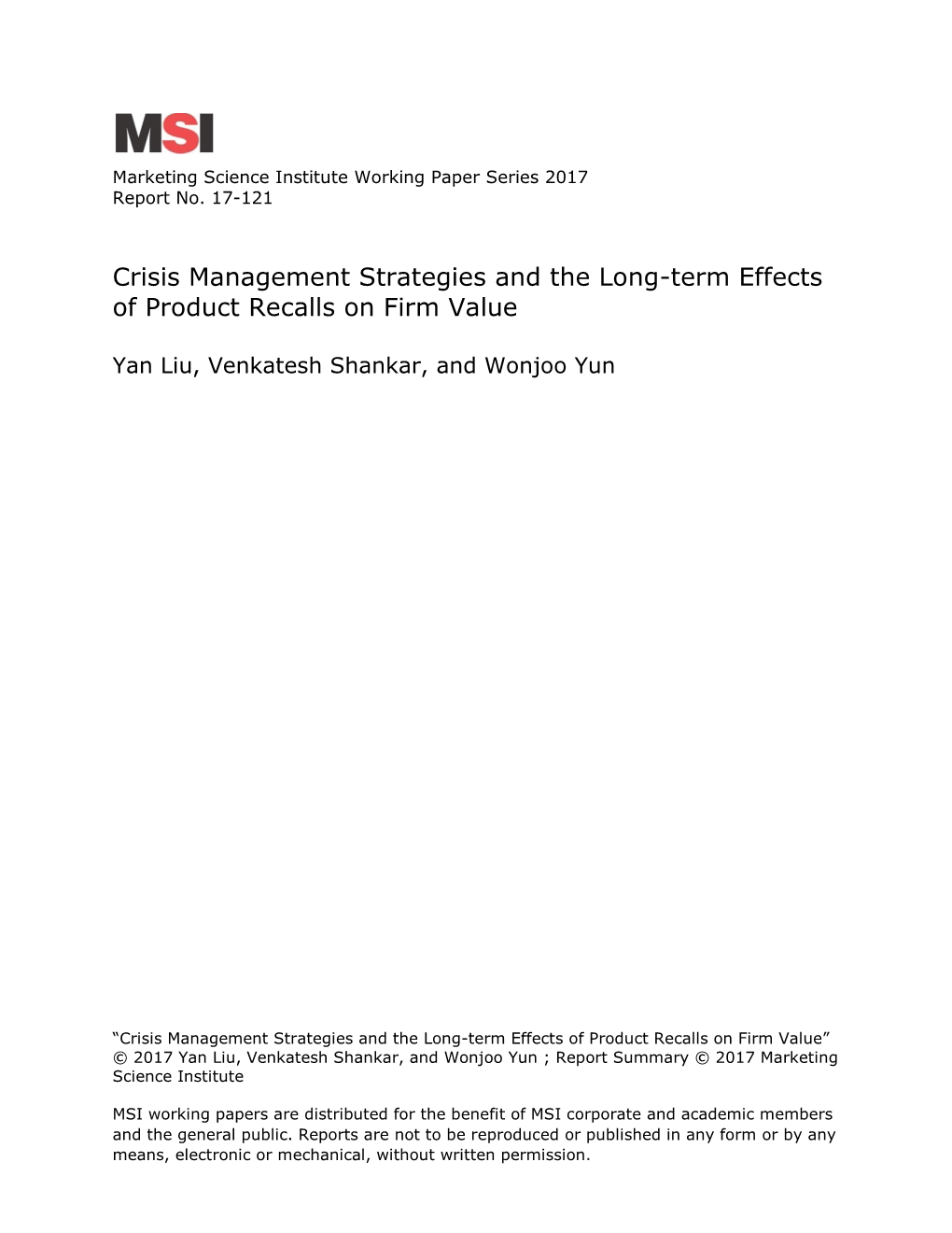 Crisis Management Strategies and the Long-Term Effects of Product Recalls on Firm Value